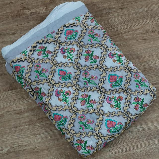 Grey Colour Chinon Chiffon Print With Embroidered Fabric