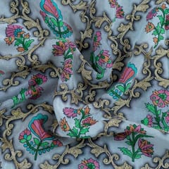 Grey Colour Chinon Chiffon Print With Embroidered Fabric