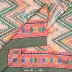 Green Colour Chanderi Digital Printed Fabric with Border
