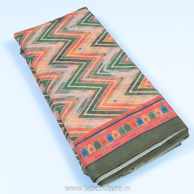 Green Colour Chanderi Digital Printed Fabric with Border