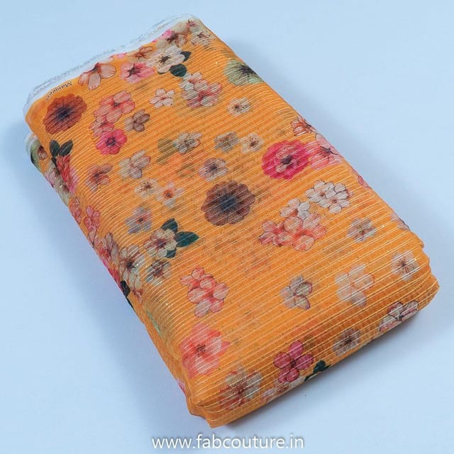 Orange Poly Organza Print With Embroidered Fabric