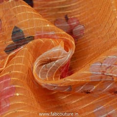 Orange Poly Organza Print With Embroidered Fabric