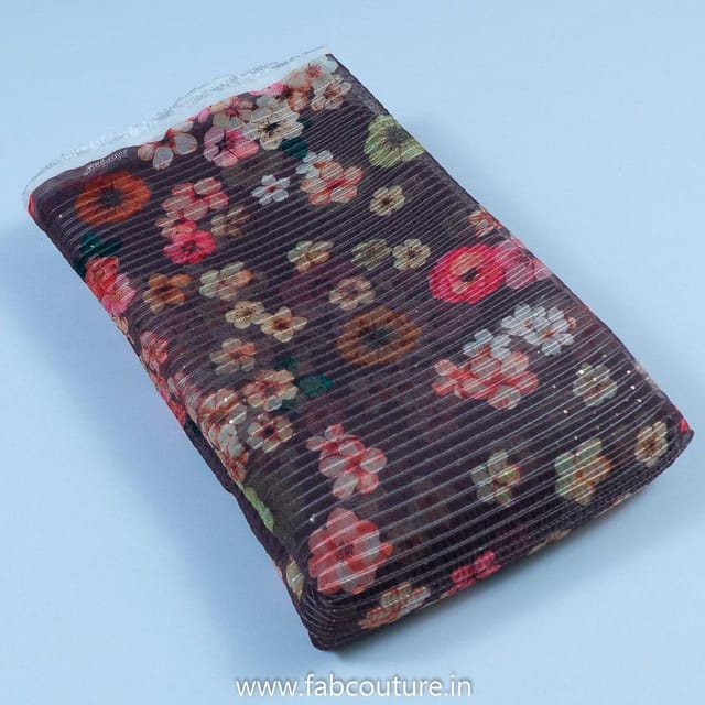 Brown Poly Organza Print With Embroidered Fabric