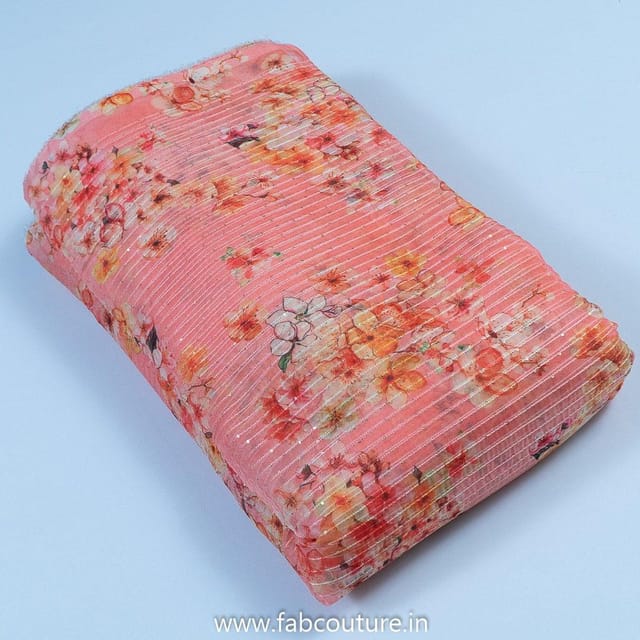 Peach Poly Organza Print With Embroidered Fabric