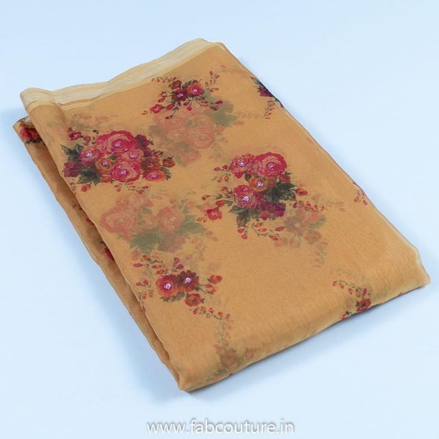 Mango Yellow Organza Print With Hand Embroidered Fabric