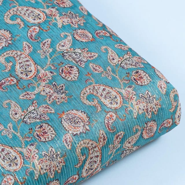 Firozi Colour Chanderi Zari Digital Printed Fabric