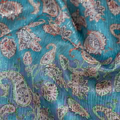 Firozi Colour Chanderi Zari Digital Printed Fabric