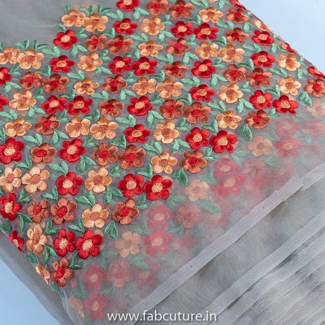 Beige Colour Organza  Embroidered Fabric