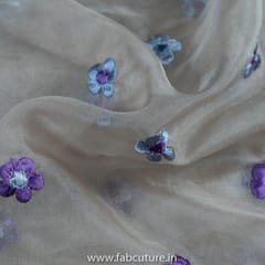 Beige Colour Organza Mauve Embroidered Fabric