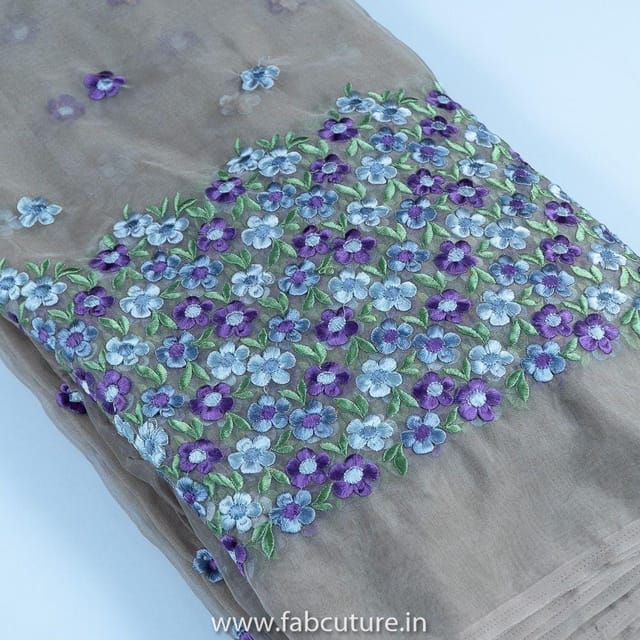 Beige Colour Organza Mauve Embroidered Fabric