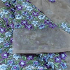 Beige Colour Organza Mauve Embroidered Fabric