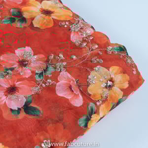 Rust Colour Tabby Silk Print With Embroidered Fabric