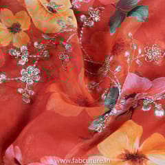 Rust Colour Tabby Silk Print With Embroidered Fabric