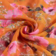 Mustard Colour Tabby Silk Print With Embroidered Fabric