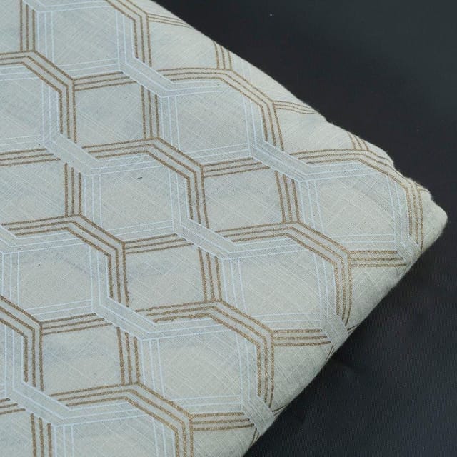 Off White Slub Cotton Khadi n Gold Printed Fabric