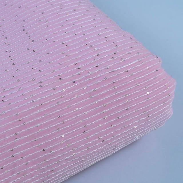 Pink Colour Georgette Thread With Sequins Embroidered Fabric