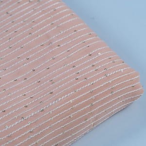 Peach Colour Georgette Thread With Sequins Embroidered Fabric