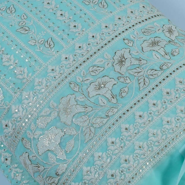 Firozi Colour Georgette Thread Embroidered Fabric