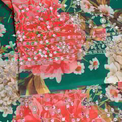 Green Colour Georgette Digital Print With Sequins & Faux Mirror Embroidered Fabric