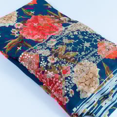 Teal Blue Colour Georgette Digital Print With Sequins & Faux Mirror Embroidered Fabric