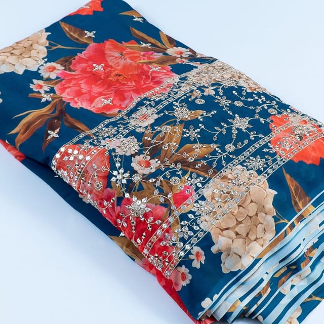 Teal Blue Colour Georgette Digital Print With Sequins & Faux Mirror Embroidered Fabric