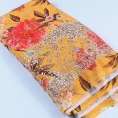 Mustard Colour Georgette Digital Print With Sequins & Faux Mirror Embroidered Fabric