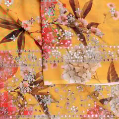 Mustard Colour Georgette Digital Print With Sequins & Faux Mirror Embroidered Fabric