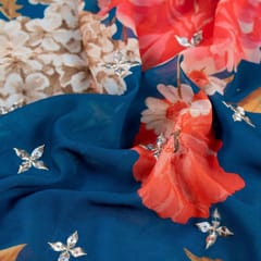 Teal Blue Colour Georgette Digital Print With Sequins & Faux Mirror Embroidered Fabric