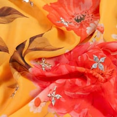 Mustard Colour Georgette Digital Print With Sequins & Faux Mirror Embroidered Fabric
