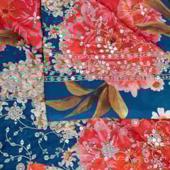 Teal Blue Colour Georgette Digital Print With Sequins & Faux Mirror Embroidered Fabric