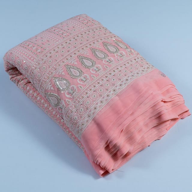 Peach Colour Georgette Thread Embroidered Fabric