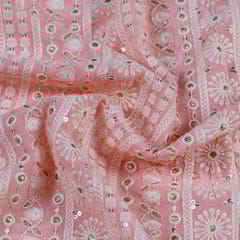 Peach Colour Georgette Thread Embroidered Fabric