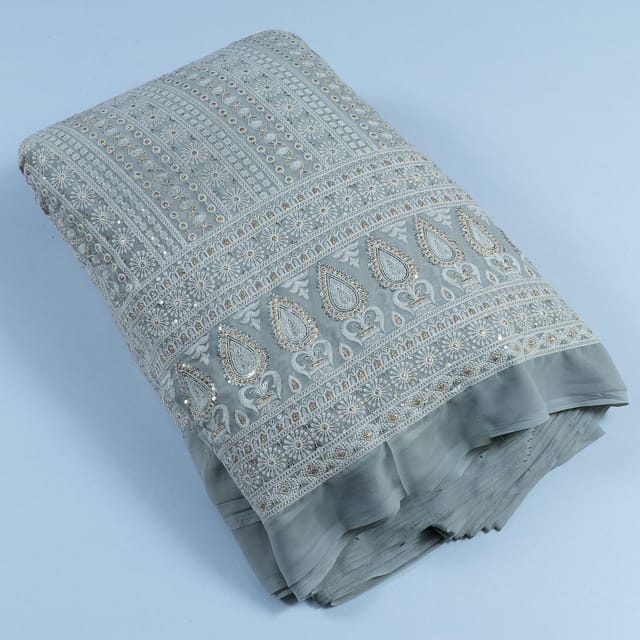 Grey Colour Georgette Thread Embroidered Fabric