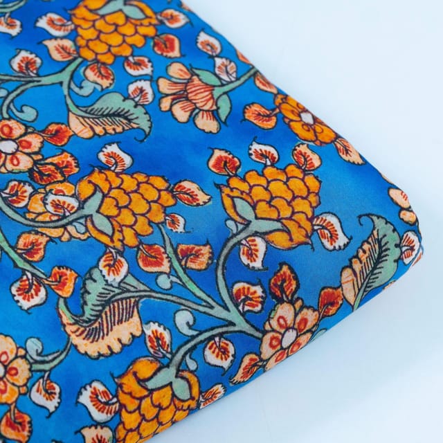 Blue Colour Floral Pure Muslin Printed Fabric
