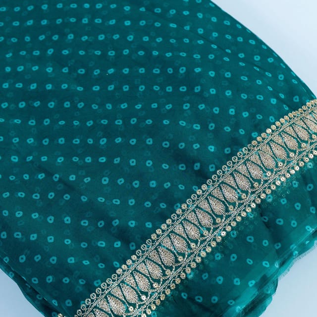 Green Colour Organza Bandhej Embroidered Fabric