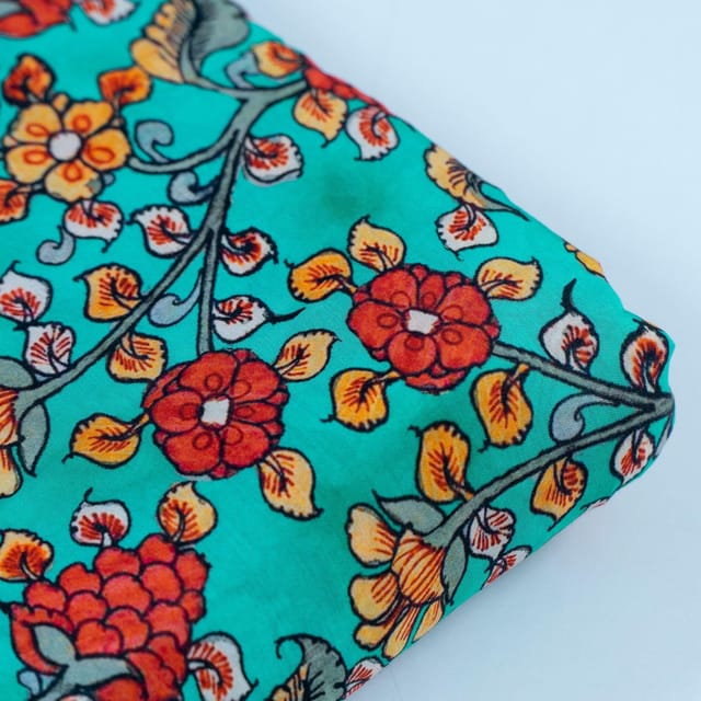 Green Colour Floral Pure Muslin Printed Fabric