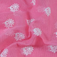 Pink Colour Pure Kota Thread Embroidered Fabric