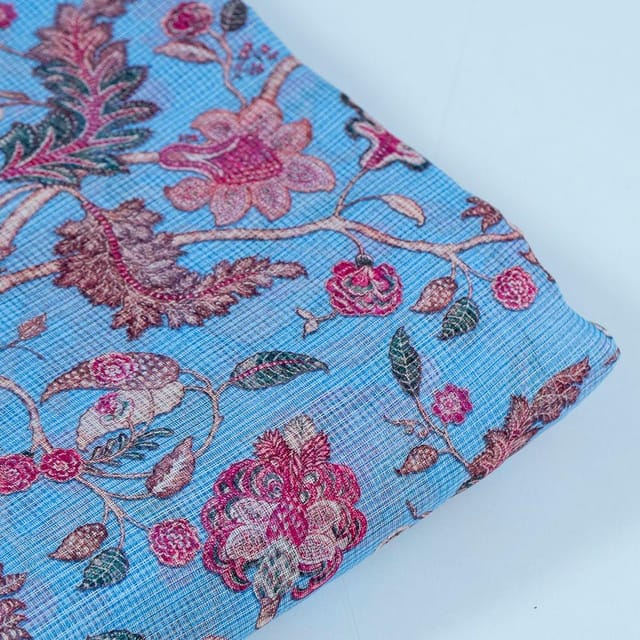 Sky Blue Colour Kota Digital Printed Fabric