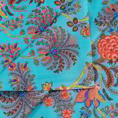 Firozi Colour Linen Cotton Digital Printed Fabric