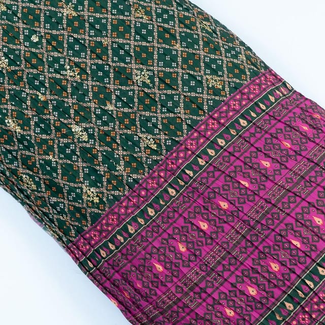 Green Colour Embroiderd Georgette Pleated Print with Majenta Border fabric