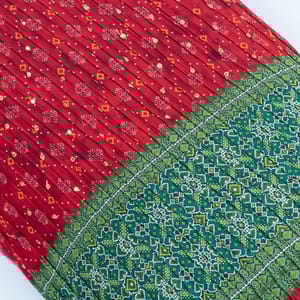 Red Colour Embroiderd Georgette Pleated Printed Fabric with Green Border