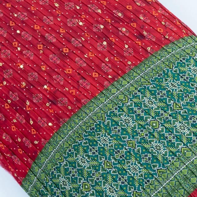 Red Colour Embroiderd Georgette Pleated Printed Fabric with Green Border