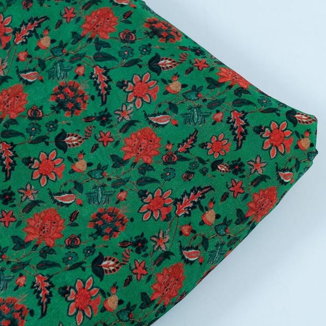 Green Colour Chinon Chiffon Kalamkari Digital Printed Fabric