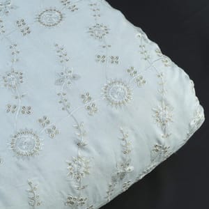 White Colour Dyeable Muslin With Thread and Sequin Embroidered Fabric