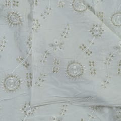 White Colour Dyeable Muslin With Thread and Sequin Embroidered Fabric