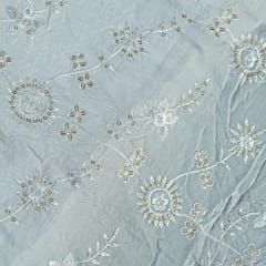 White Colour Dyeable Muslin With Thread and Sequin Embroidered Fabric