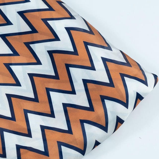 Rust and Blue Colour Georgette Satin ZigZag Printed Fabric