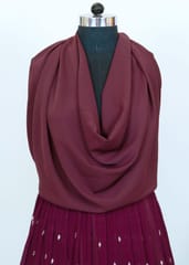 Wine Colour Pleated Georgette Embroidered Fabric