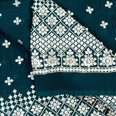 Bottle Green Blue Colour Pleated Georgette Embroidered Fabric