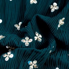 Bottle Green Blue Colour Pleated Georgette Embroidered Fabric